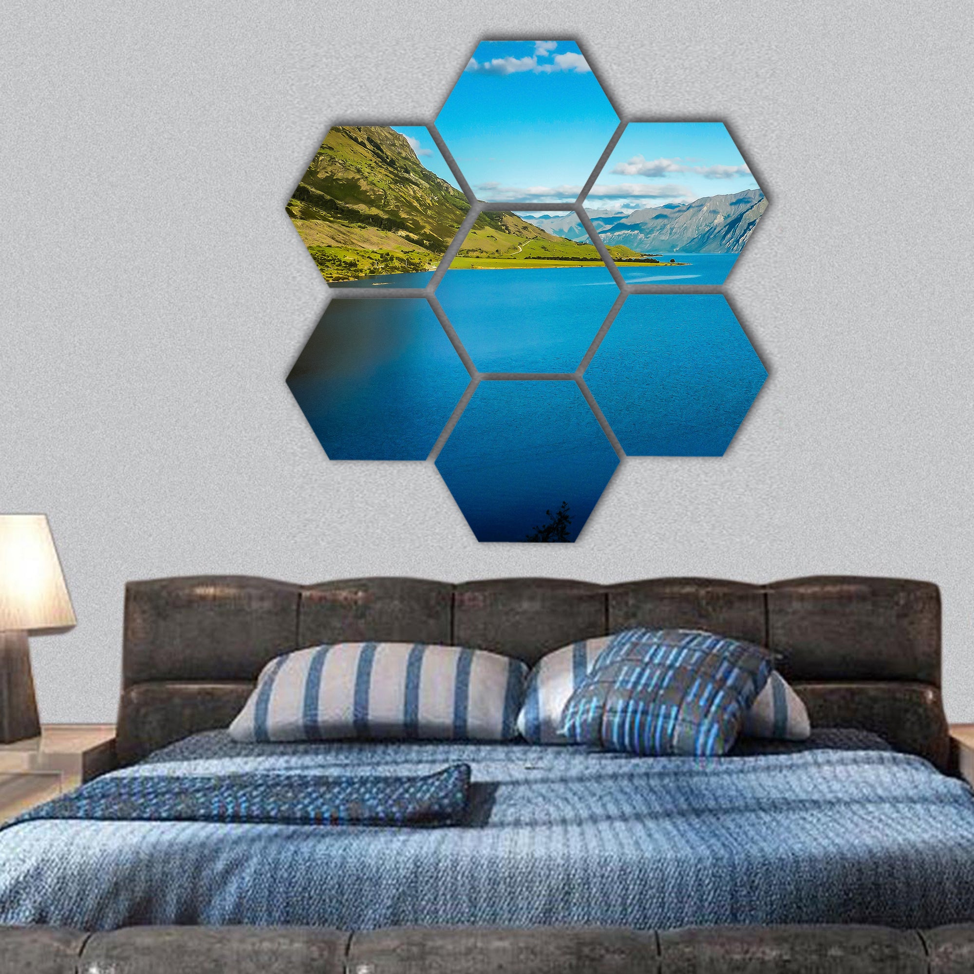 Landscape and lake in the south Island, New Zealand hexagonal canvas wall art