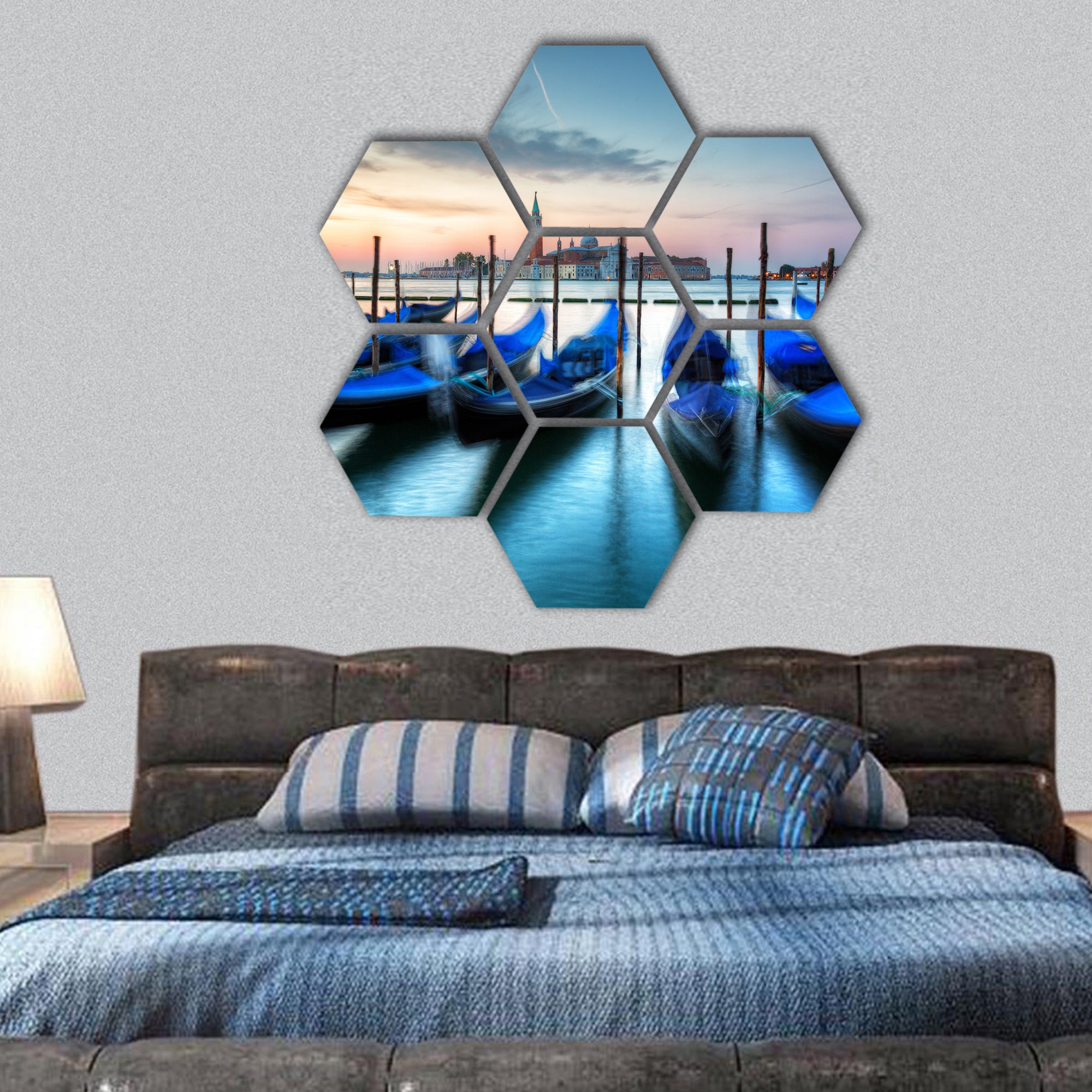 Gondolas in Grand Canal on sunrise, Venice, Italy hexagonal canvas wall art