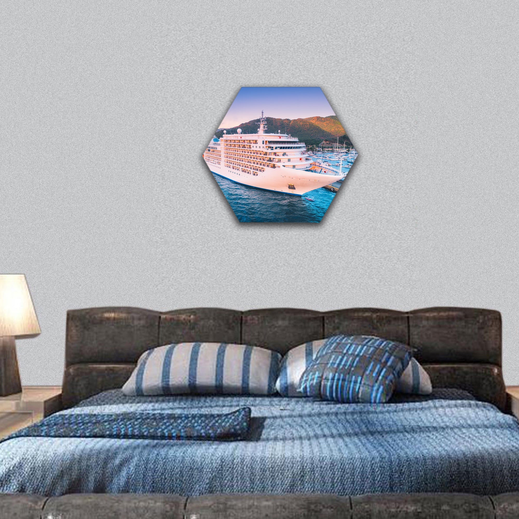 Cruise ship at harbor hexagonal canvas wall art