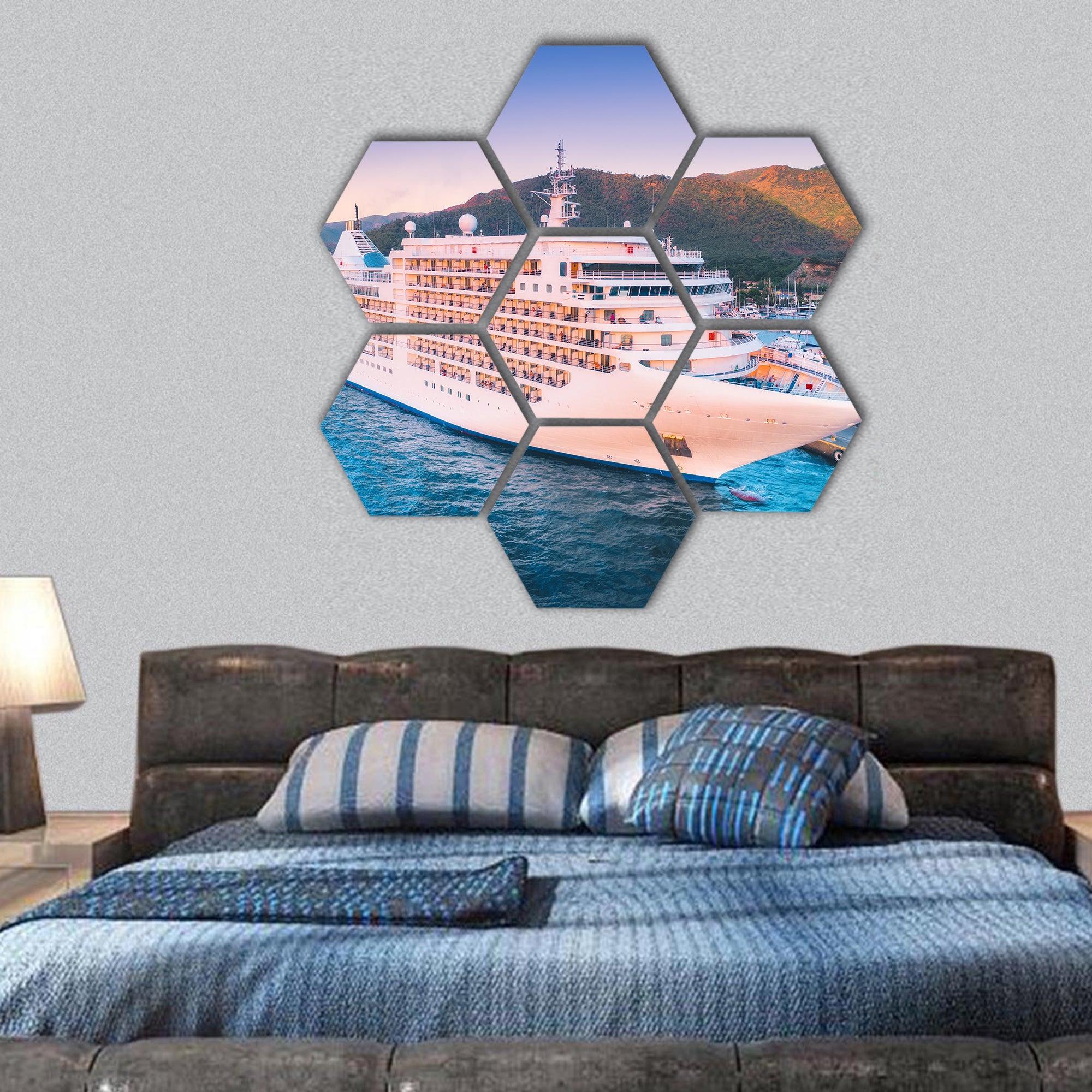 Cruise ship at harbor hexagonal canvas wall art