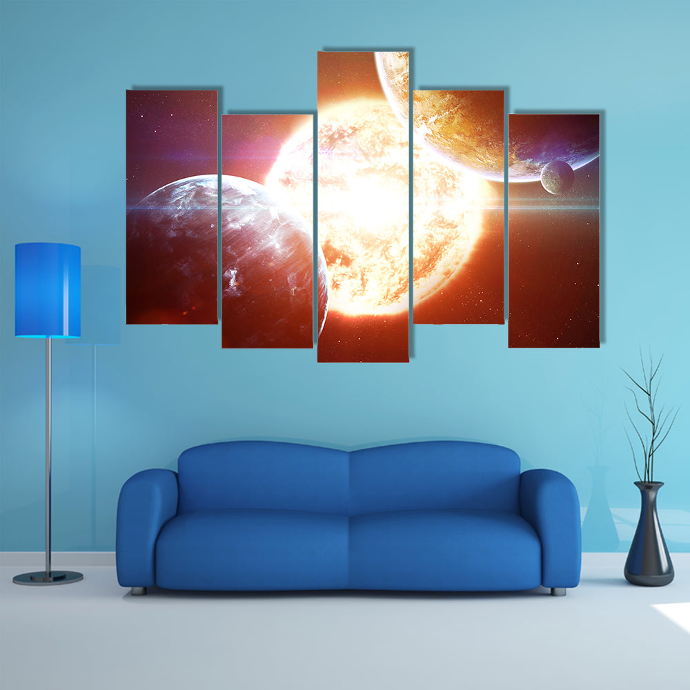 Planets In The Gloomy Space Multi Panel Canvas Wall Art