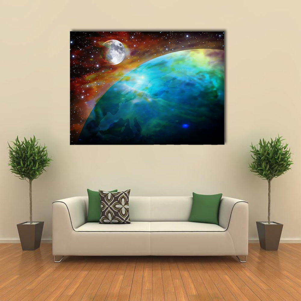 When Moon And Earth Meets In A Starry Night In Space Multi Panel Canvas Wall Art
