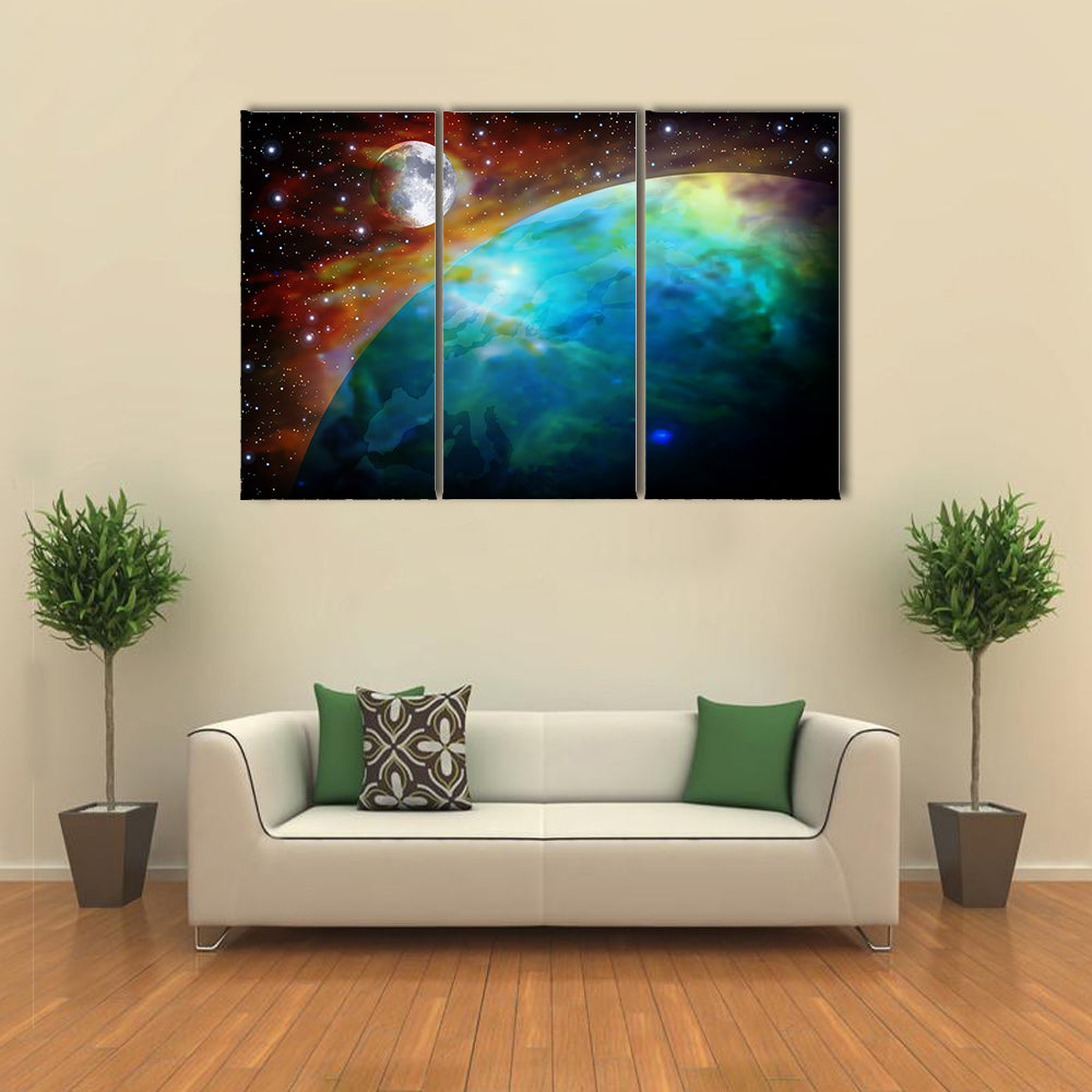 When Moon And Earth Meets In A Starry Night In Space Multi Panel Canvas Wall Art