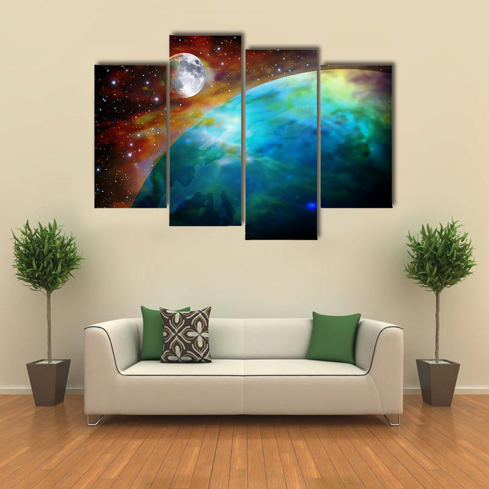 When Moon And Earth Meets In A Starry Night In Space Multi Panel Canvas Wall Art