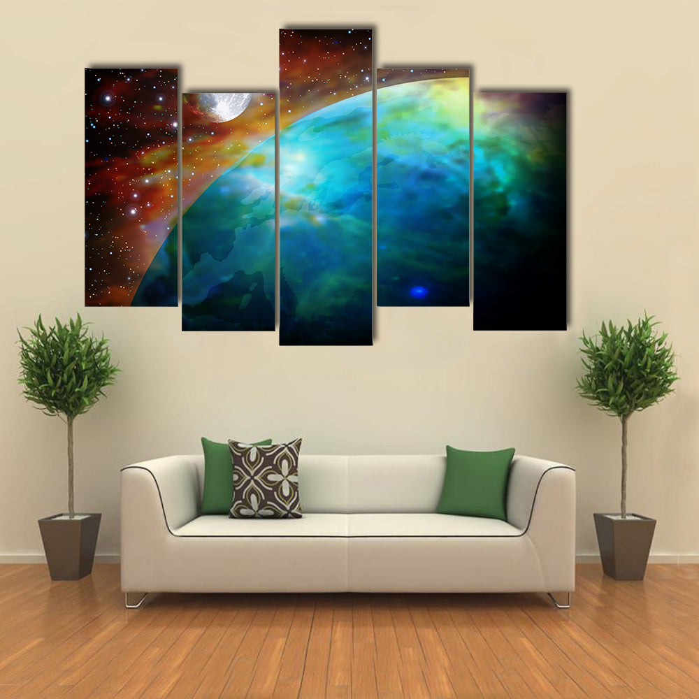 When Moon And Earth Meets In A Starry Night In Space Multi Panel Canvas Wall Art