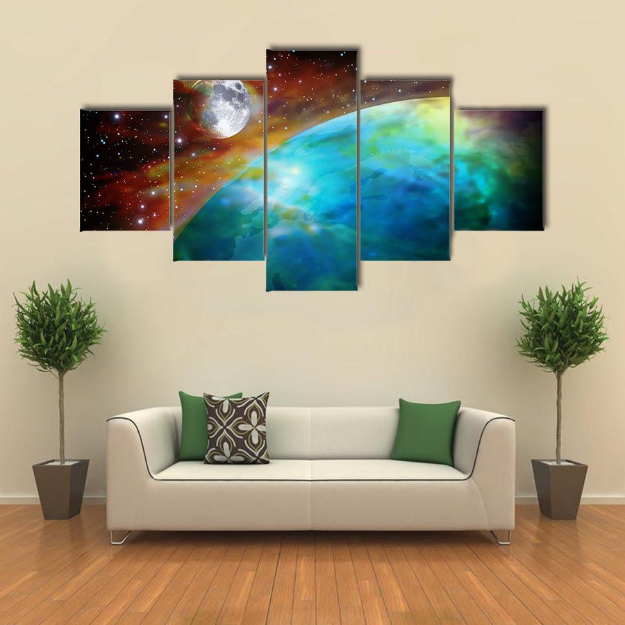 When Moon And Earth Meets In A Starry Night In Space Multi Panel Canvas Wall Art