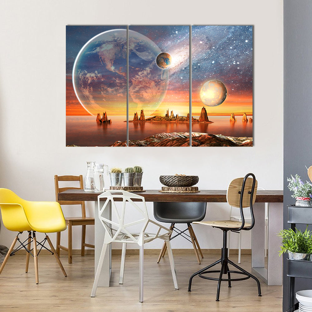 3D View Of An Exotic Alien Planet With Planets And Stars And Moon Multi Panel Canvas Wall Art