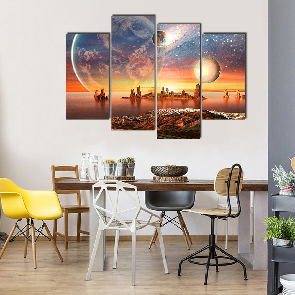 3D View Of An Exotic Alien Planet With Planets And Stars And Moon Multi Panel Canvas Wall Art