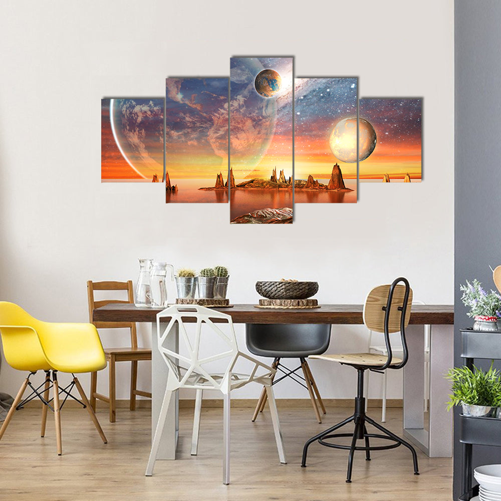 3D View Of An Exotic Alien Planet With Planets And Stars And Moon Multi Panel Canvas Wall Art