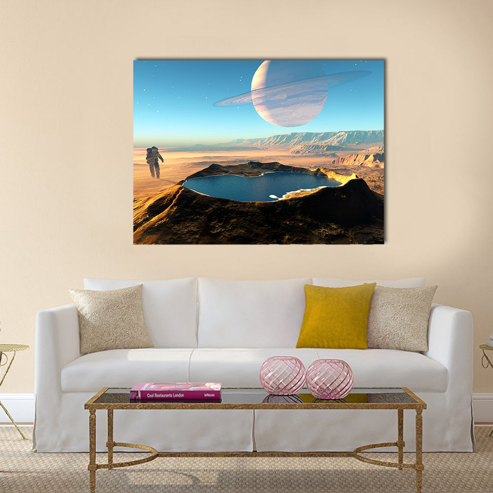 The Trek Of An Astronaut’s Around The Crater With Water Multi Panel Canvas Wall Art