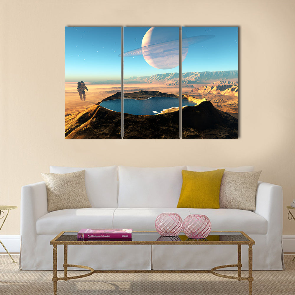 The Trek Of An Astronaut’s Around The Crater With Water Multi Panel Canvas Wall Art