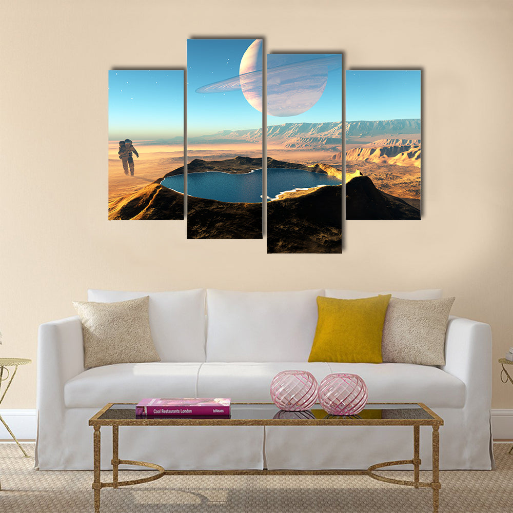 The Trek Of An Astronaut’s Around The Crater With Water Multi Panel Canvas Wall Art
