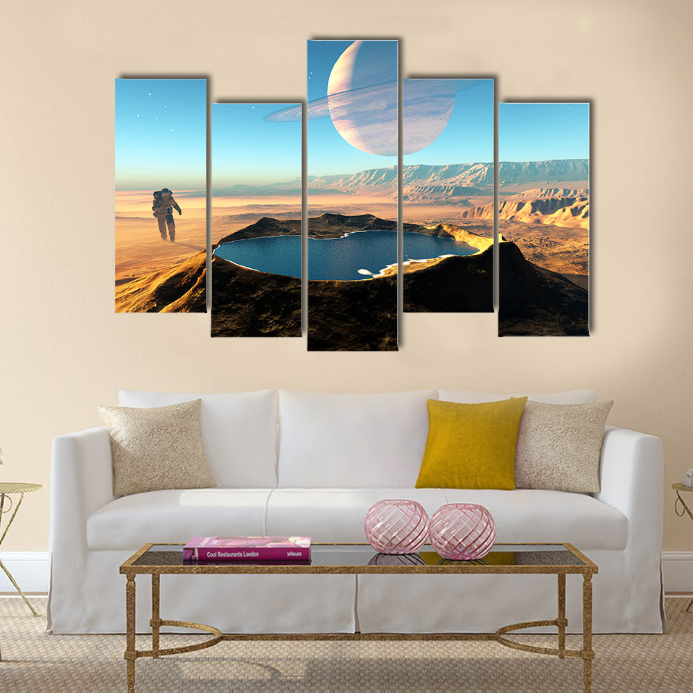 The Trek Of An Astronaut’s Around The Crater With Water Multi Panel Canvas Wall Art