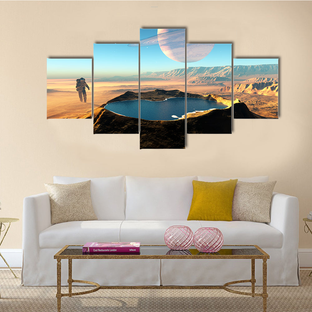 The Trek Of An Astronaut’s Around The Crater With Water Multi Panel Canvas Wall Art