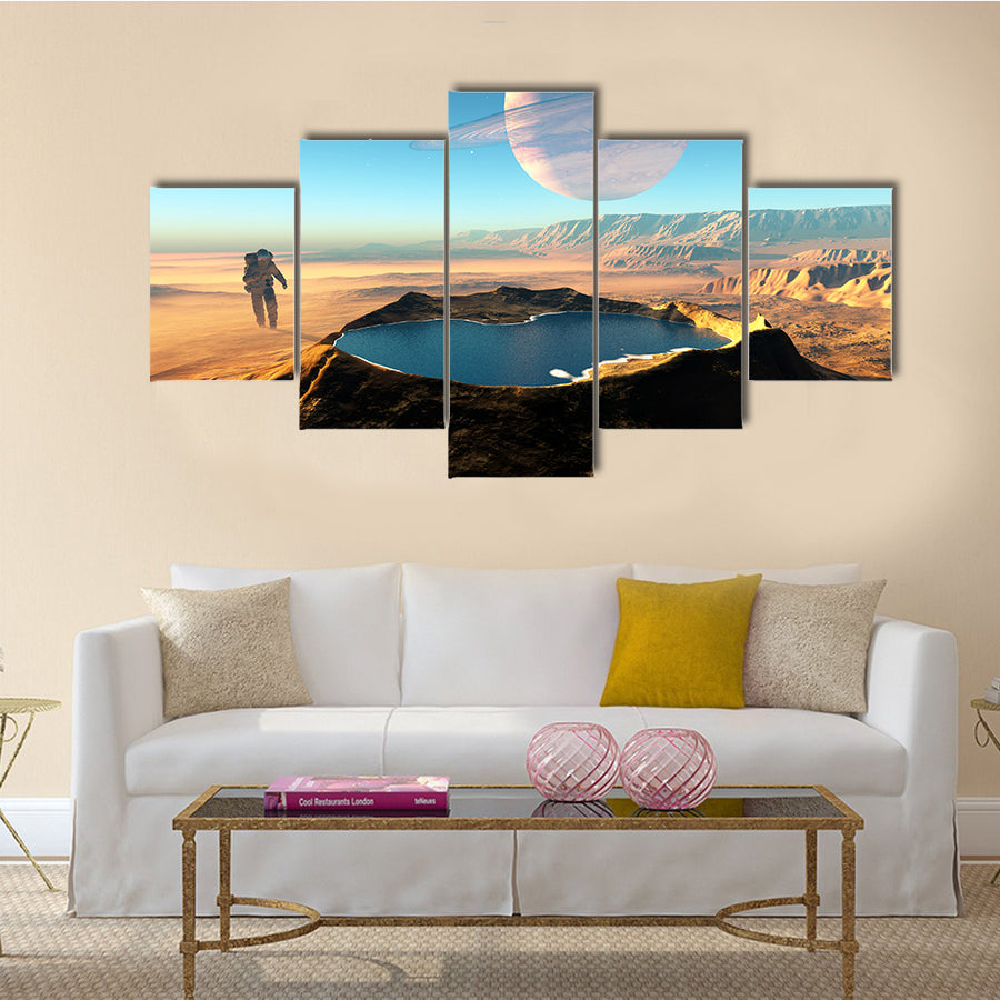 The Trek Of An Astronaut’s Around The Crater With Water Multi Panel Canvas Wall Art