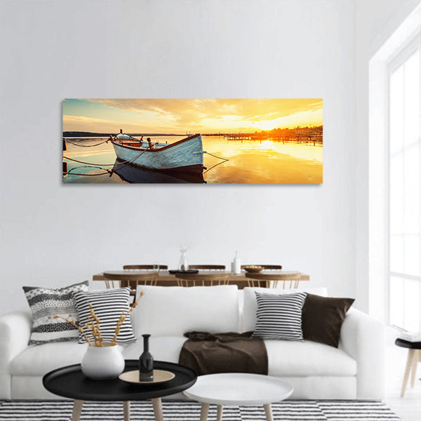 Boat on lake with a reflection panoramic canvas wall art