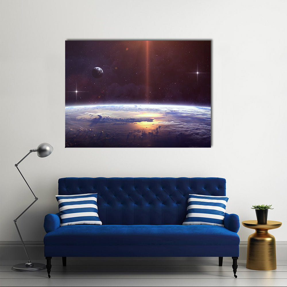 When Planet Revolves And Confronts The Nebula In Space Multi Panel Canvas Wall Art