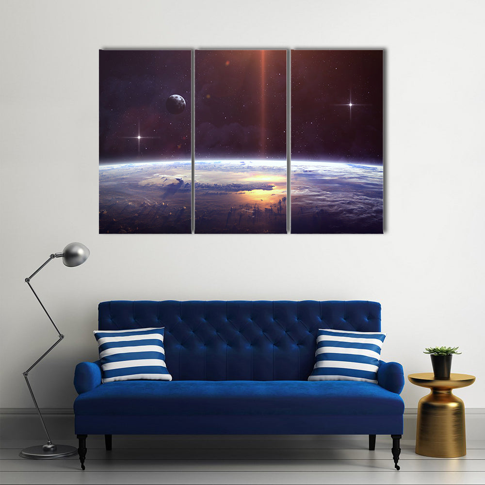 When Planet Revolves And Confronts The Nebula In Space Multi Panel Canvas Wall Art