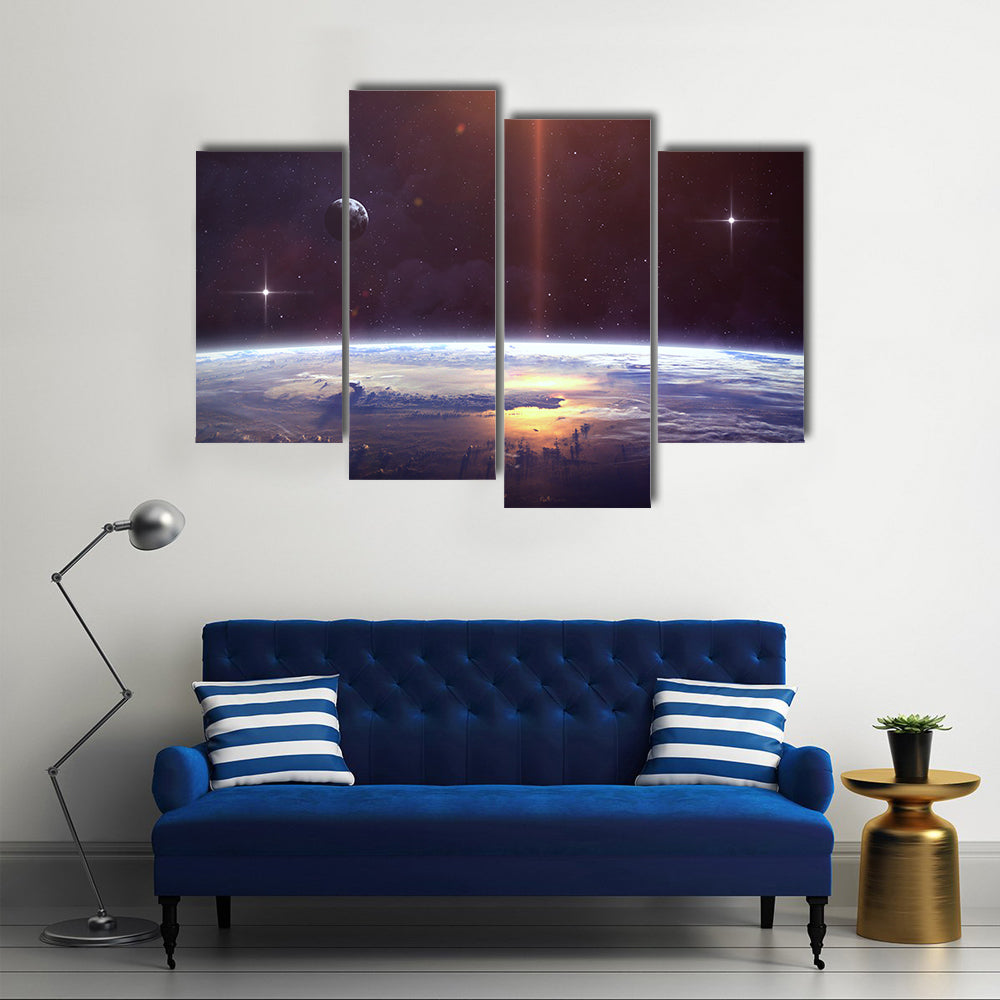 When Planet Revolves And Confronts The Nebula In Space Multi Panel Canvas Wall Art