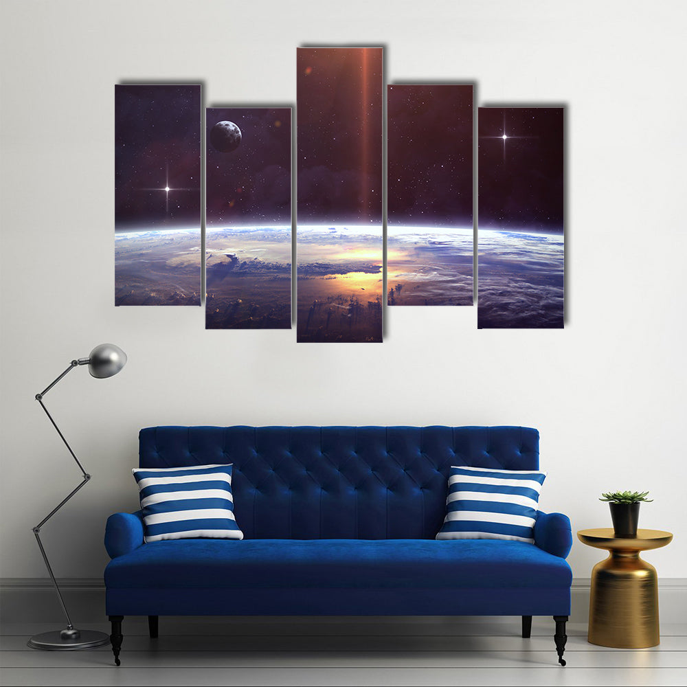 When Planet Revolves And Confronts The Nebula In Space Multi Panel Canvas Wall Art