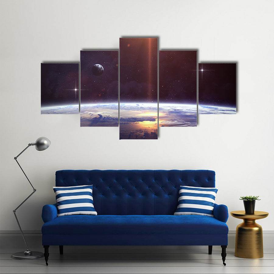 When Planet Revolves And Confronts The Nebula In Space Multi Panel Canvas Wall Art