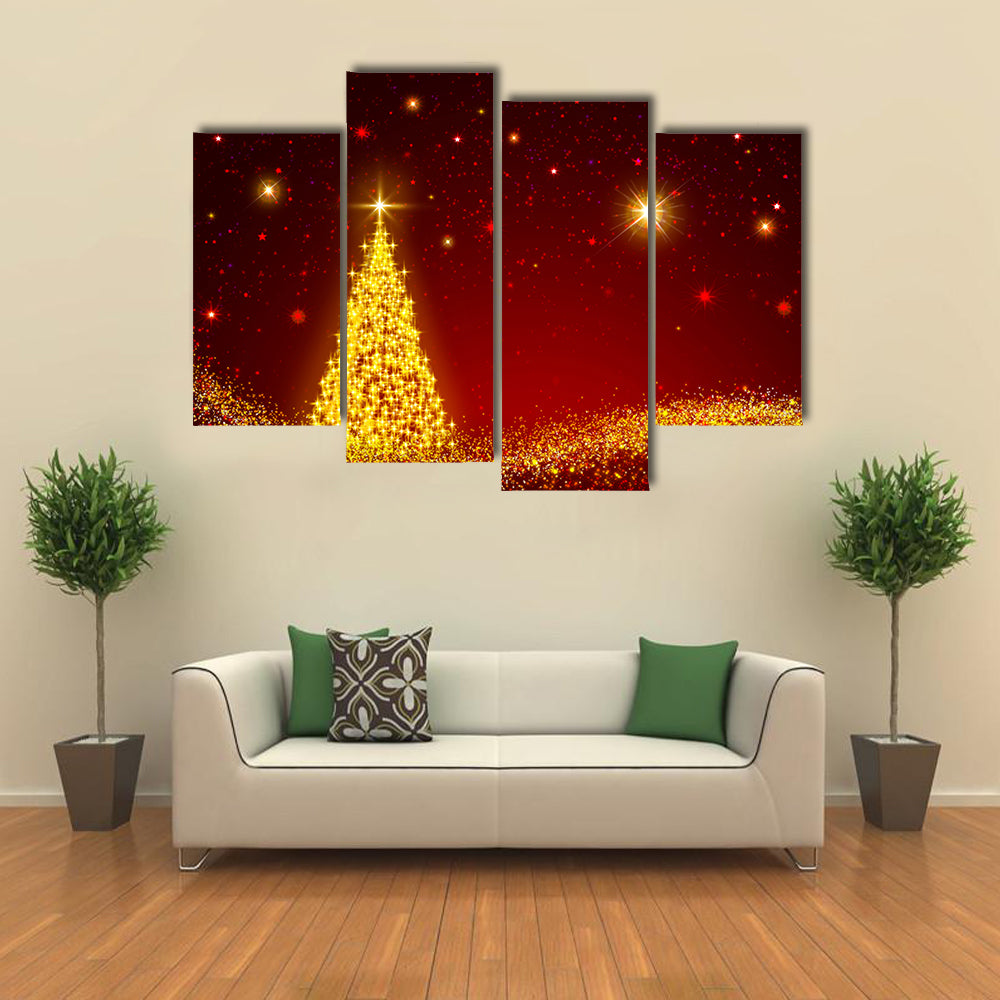 Red Starred Sky On The Christmas Night Multi Panel Canvas Wall Art