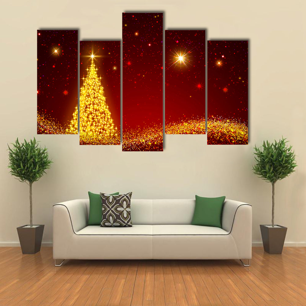 Red Starred Sky On The Christmas Night Multi Panel Canvas Wall Art