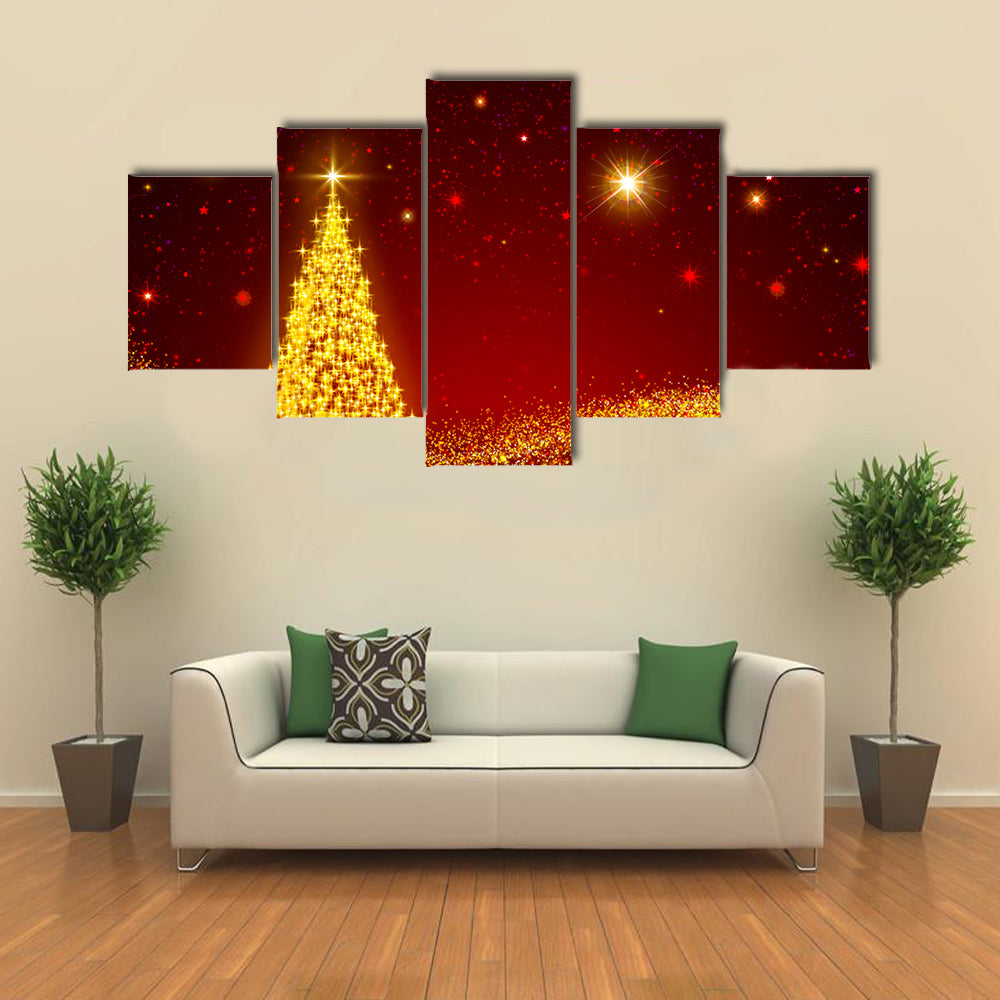 Red Starred Sky On The Christmas Night Multi Panel Canvas Wall Art