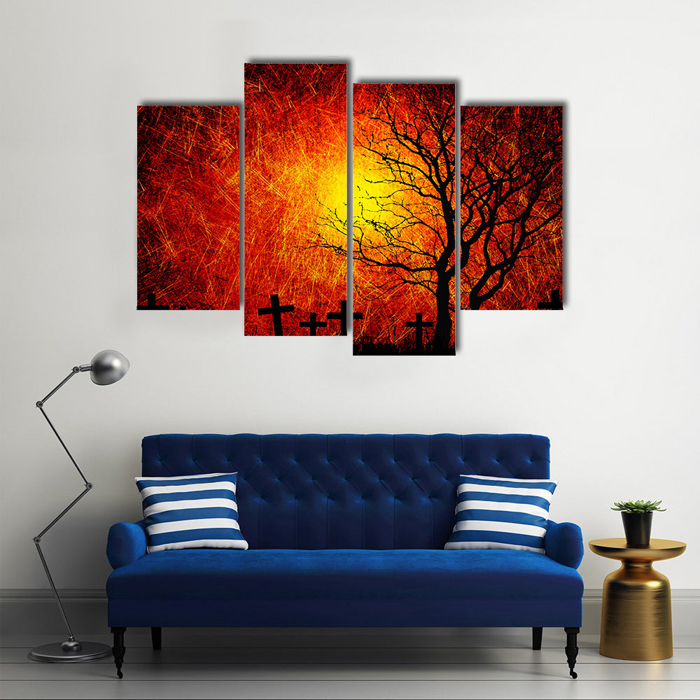 Grunge Textured Halloween Background With A Full Blood Moon Multi Panel Canvas Wall Art Print Set