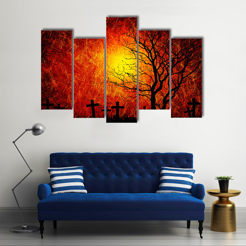 Grunge Textured Halloween Background With A Full Blood Moon Multi Panel Canvas Wall Art Print Set