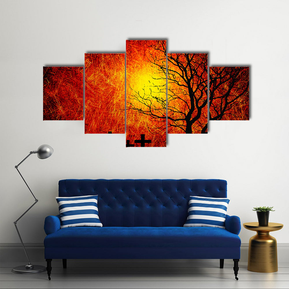 Grunge Textured Halloween Background With A Full Blood Moon Multi Panel Canvas Wall Art Print Set