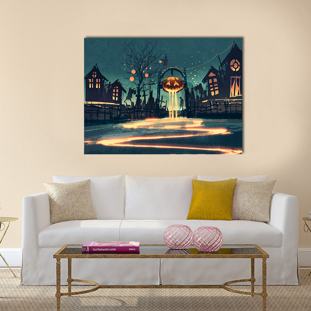 Halloween Illustration With Pumpkin And Haunted House Multi Panel Canvas Wall Art