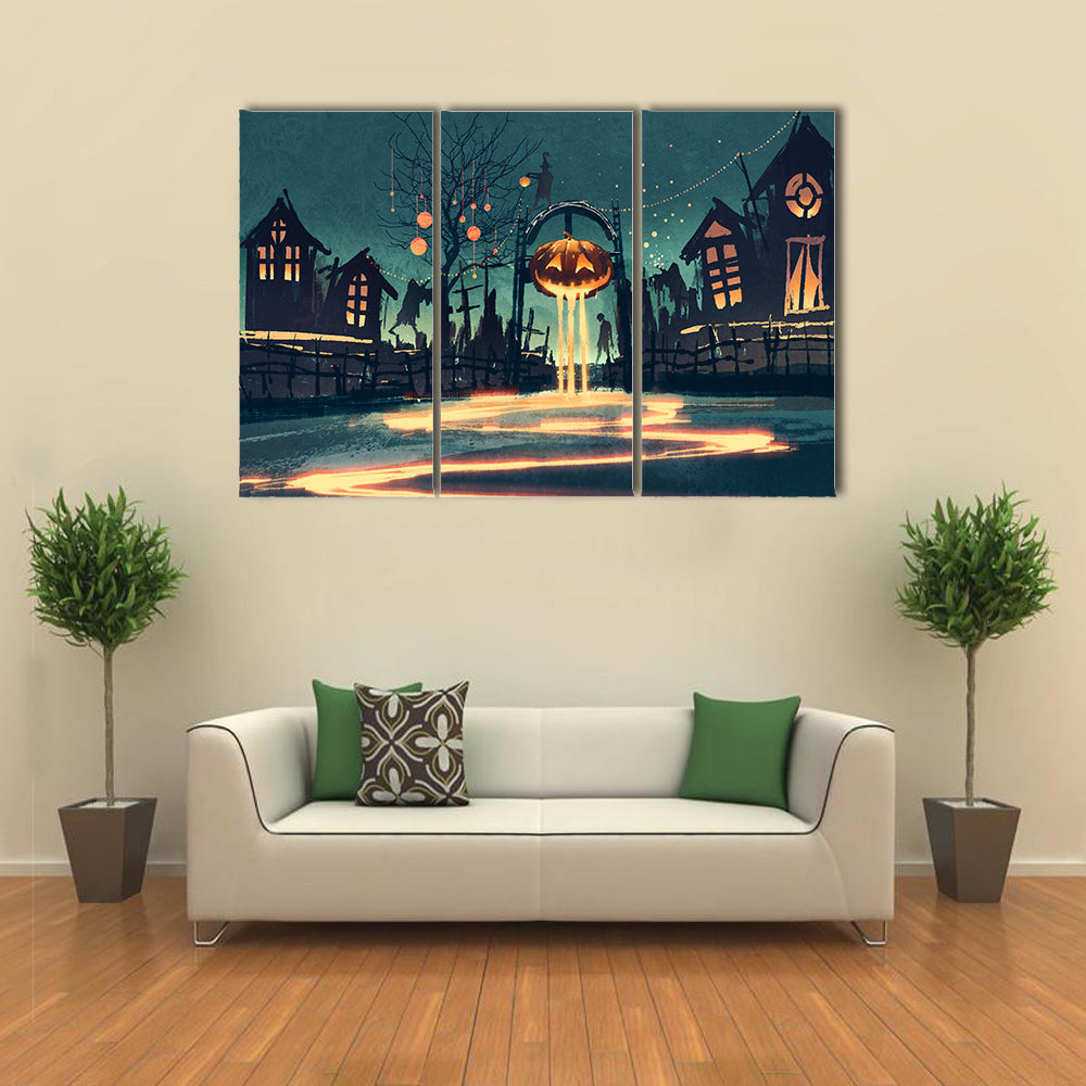 Halloween Illustration With Pumpkin And Haunted House Multi Panel Canvas Wall Art