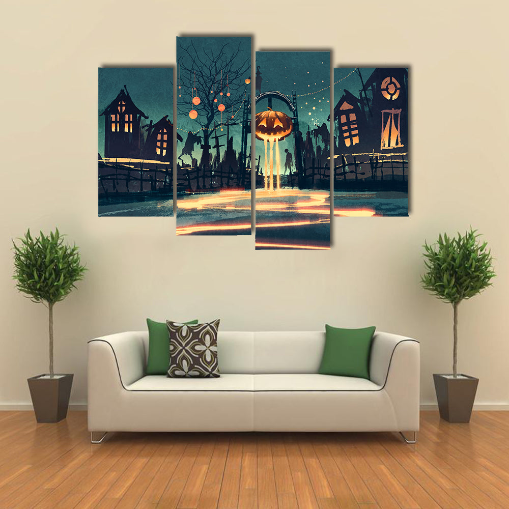 Halloween Illustration With Pumpkin And Haunted House Multi Panel Canvas Wall Art