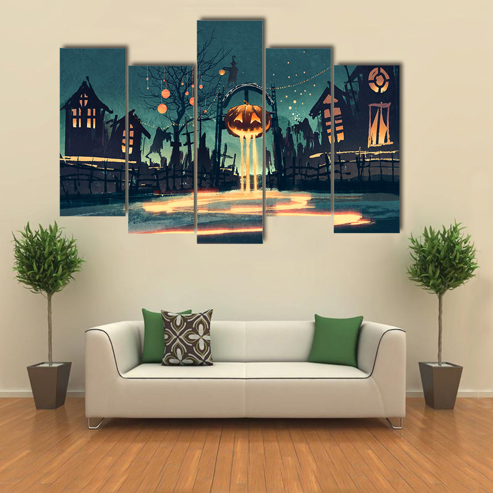 Halloween Illustration With Pumpkin And Haunted House Multi Panel Canvas Wall Art