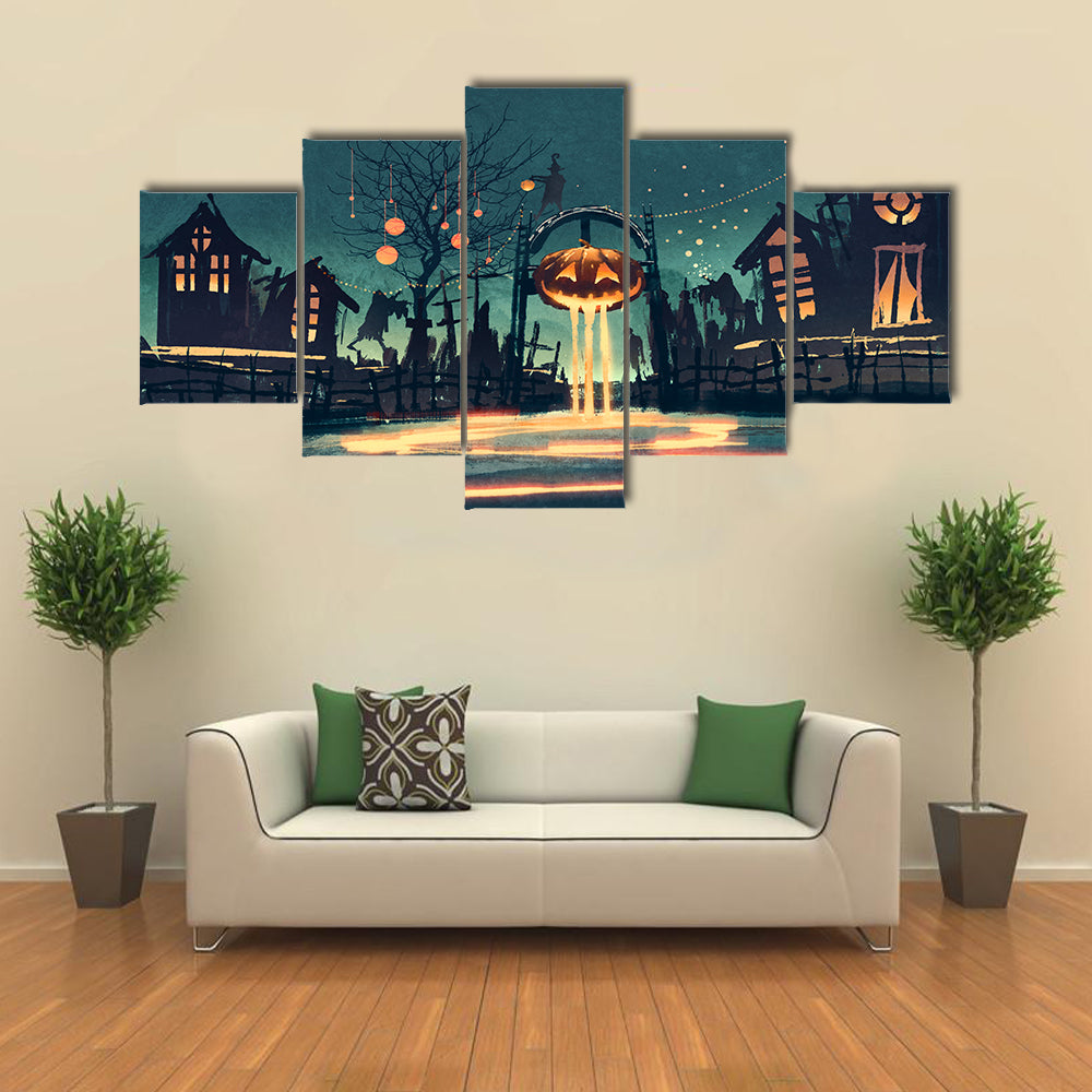 Halloween Illustration With Pumpkin And Haunted House Multi Panel Canvas Wall Art