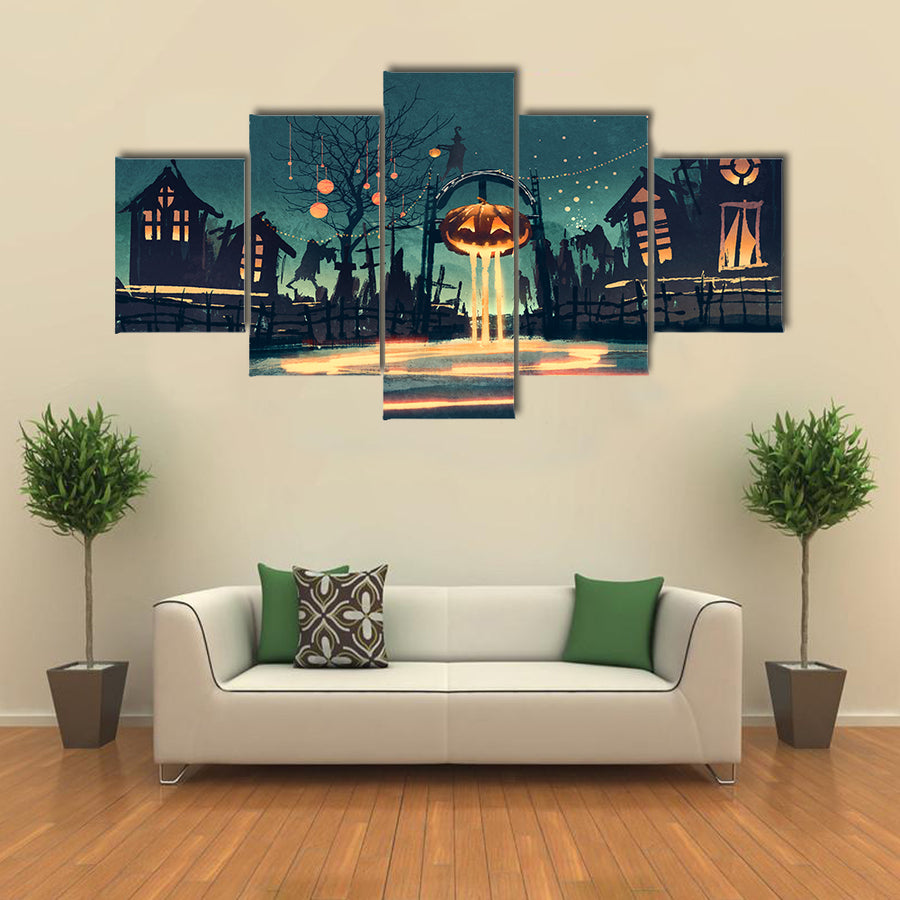 Halloween Illustration With Pumpkin And Haunted House Multi Panel Canvas Wall Art