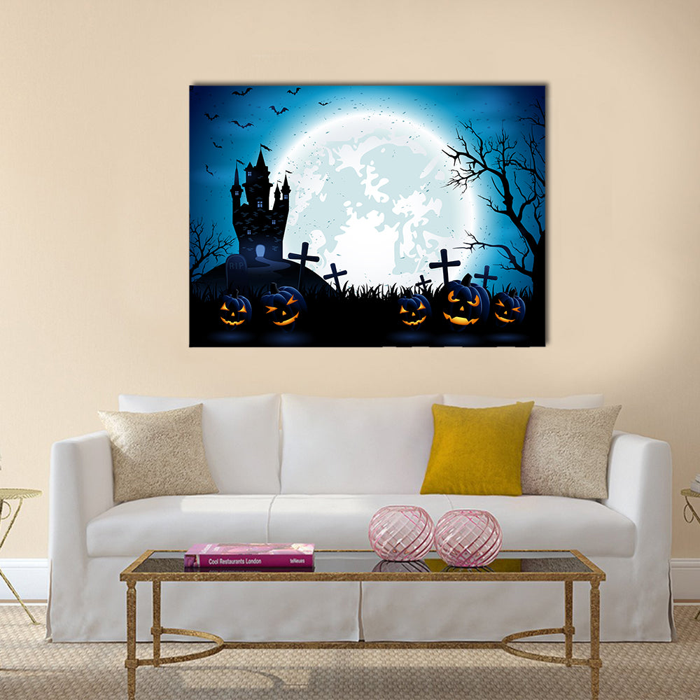 Castle, Pumpkins And Blue Moon At Night Multi Panel Canvas Wall Art