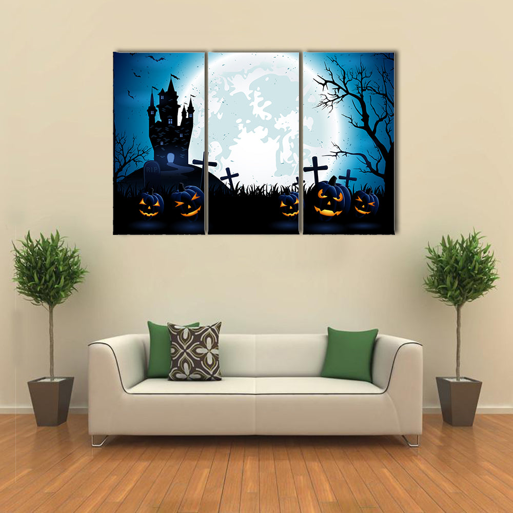 Castle, Pumpkins And Blue Moon At Night Multi Panel Canvas Wall Art