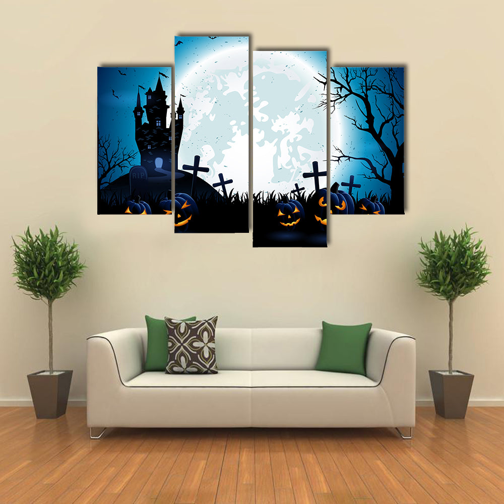 Castle, Pumpkins And Blue Moon At Night Multi Panel Canvas Wall Art