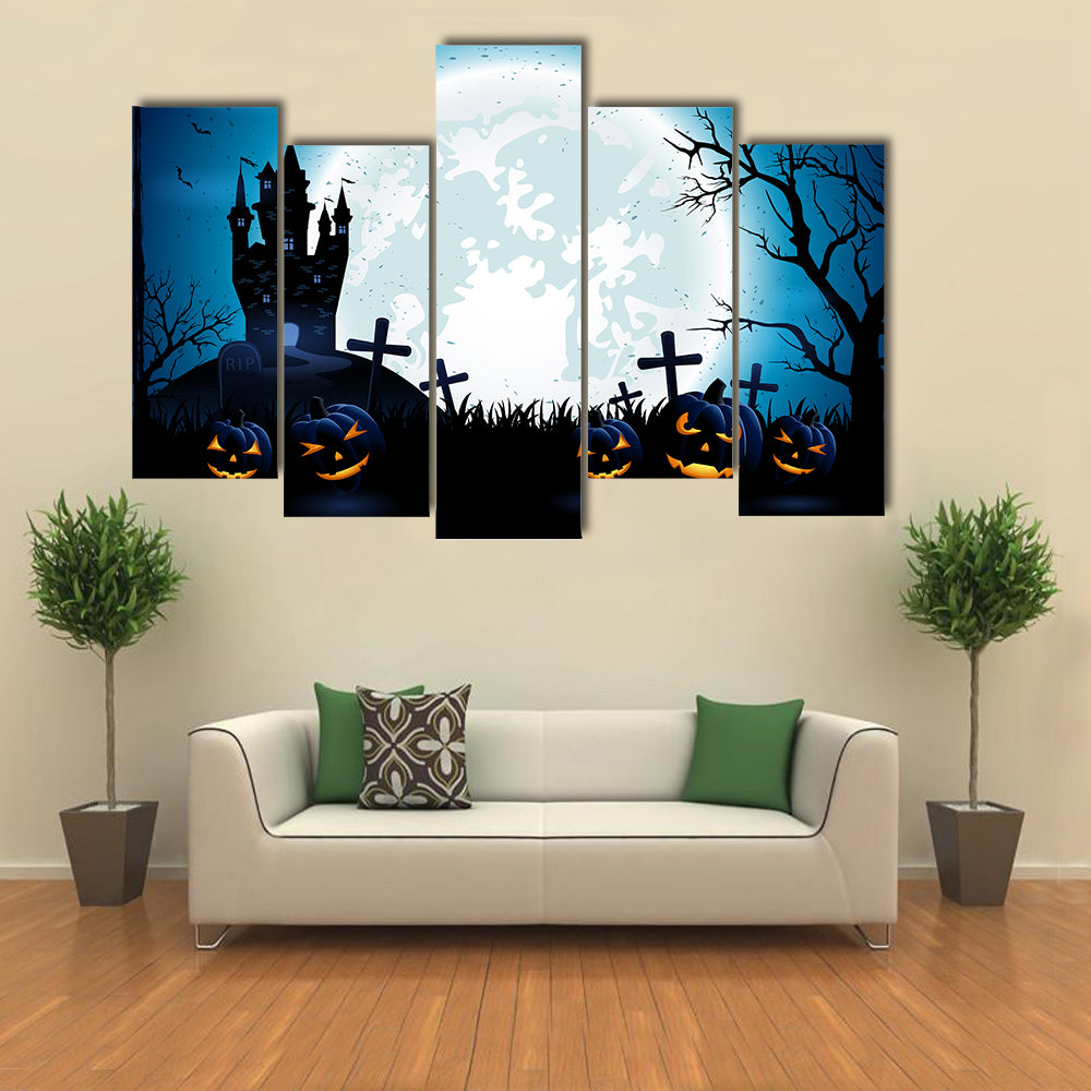 Castle, Pumpkins And Blue Moon At Night Multi Panel Canvas Wall Art