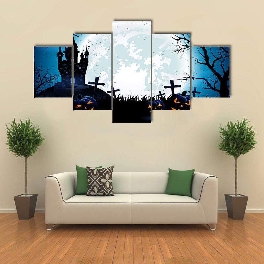 Castle, Pumpkins And Blue Moon At Night Multi Panel Canvas Wall Art