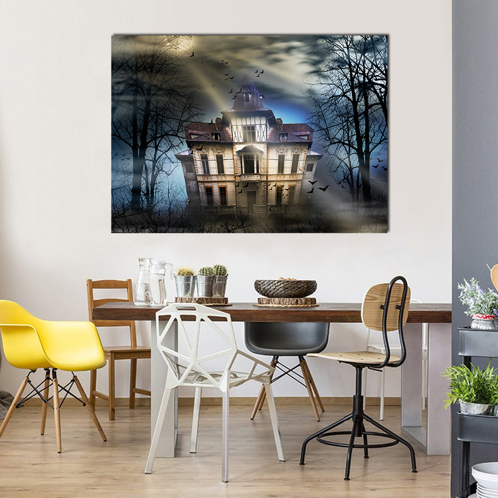 A Gloomy Haunted House Under The Full Moon Multi Panel Canvas Wall Art