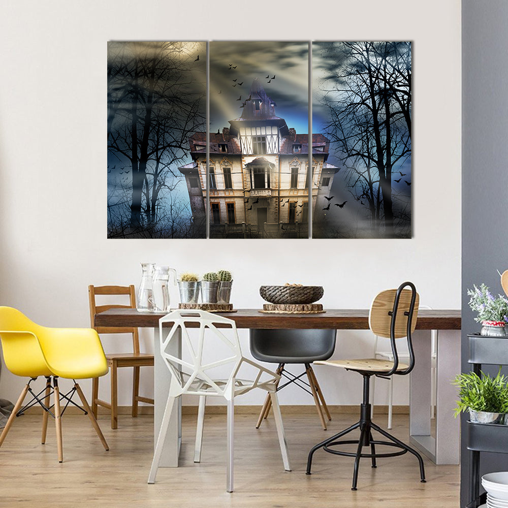 A Gloomy Haunted House Under The Full Moon Multi Panel Canvas Wall Art