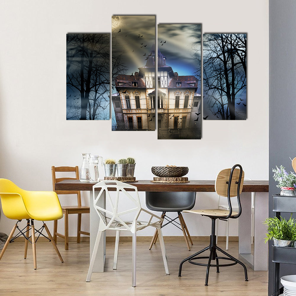 A Gloomy Haunted House Under The Full Moon Multi Panel Canvas Wall Art