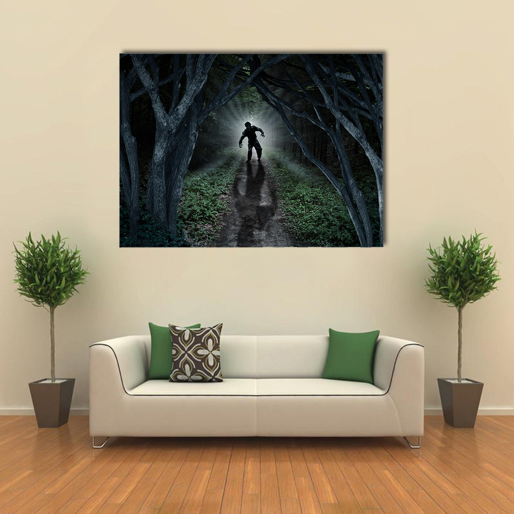 Monster In Creepy Wilderness With The Moon Glow Behind Multi Panel Canvas Wall Art