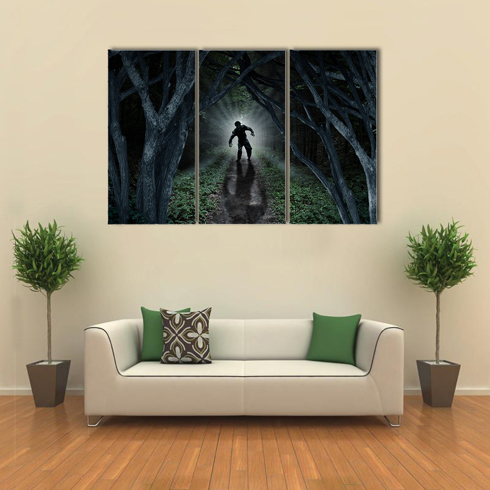 Monster In Creepy Wilderness With The Moon Glow Behind Multi Panel Canvas Wall Art