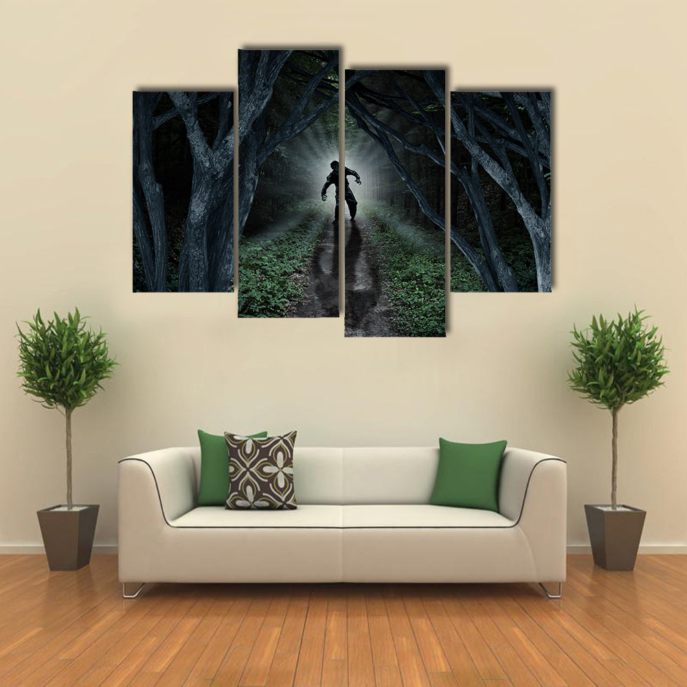 Monster In Creepy Wilderness With The Moon Glow Behind Multi Panel Canvas Wall Art