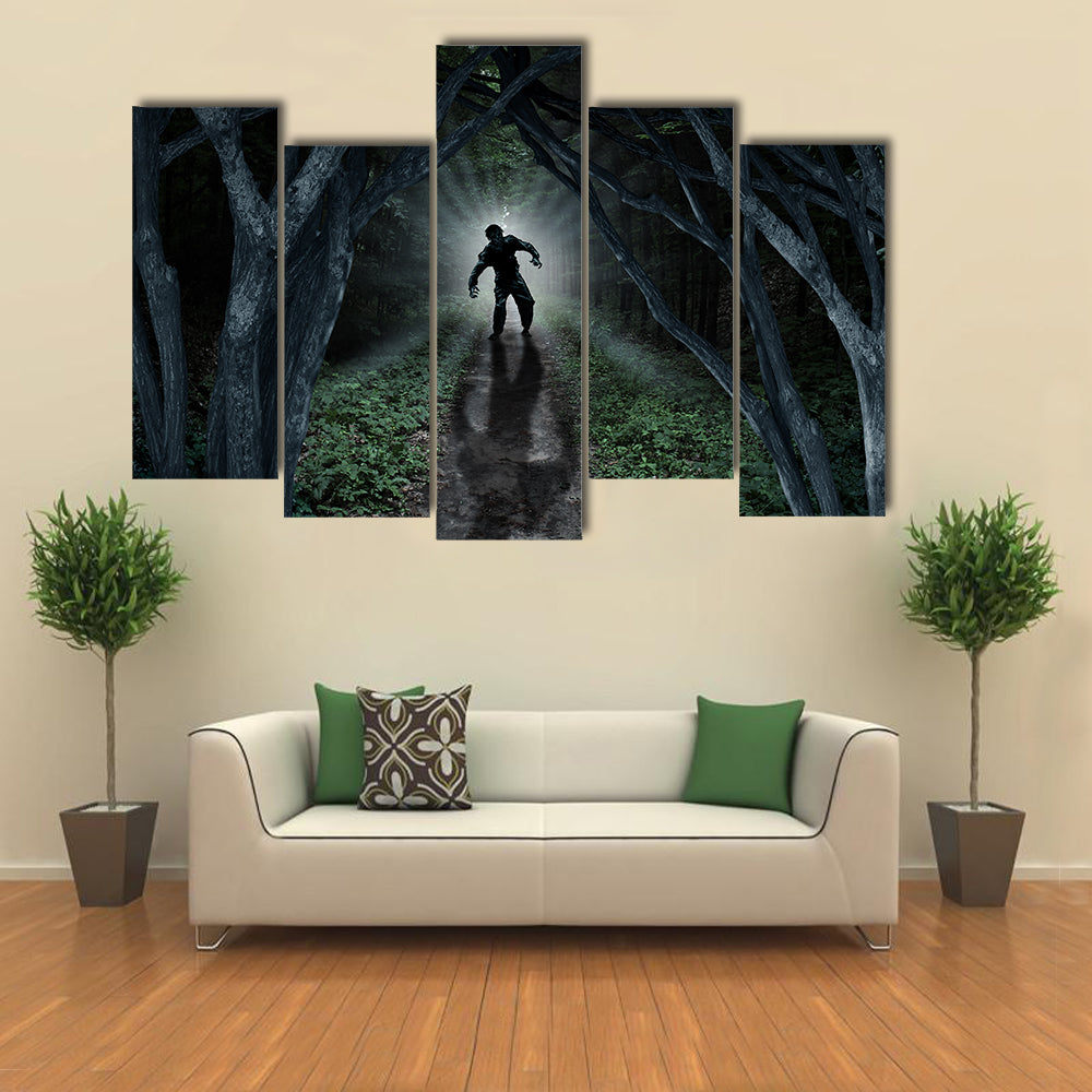 Monster In Creepy Wilderness With The Moon Glow Behind Multi Panel Canvas Wall Art