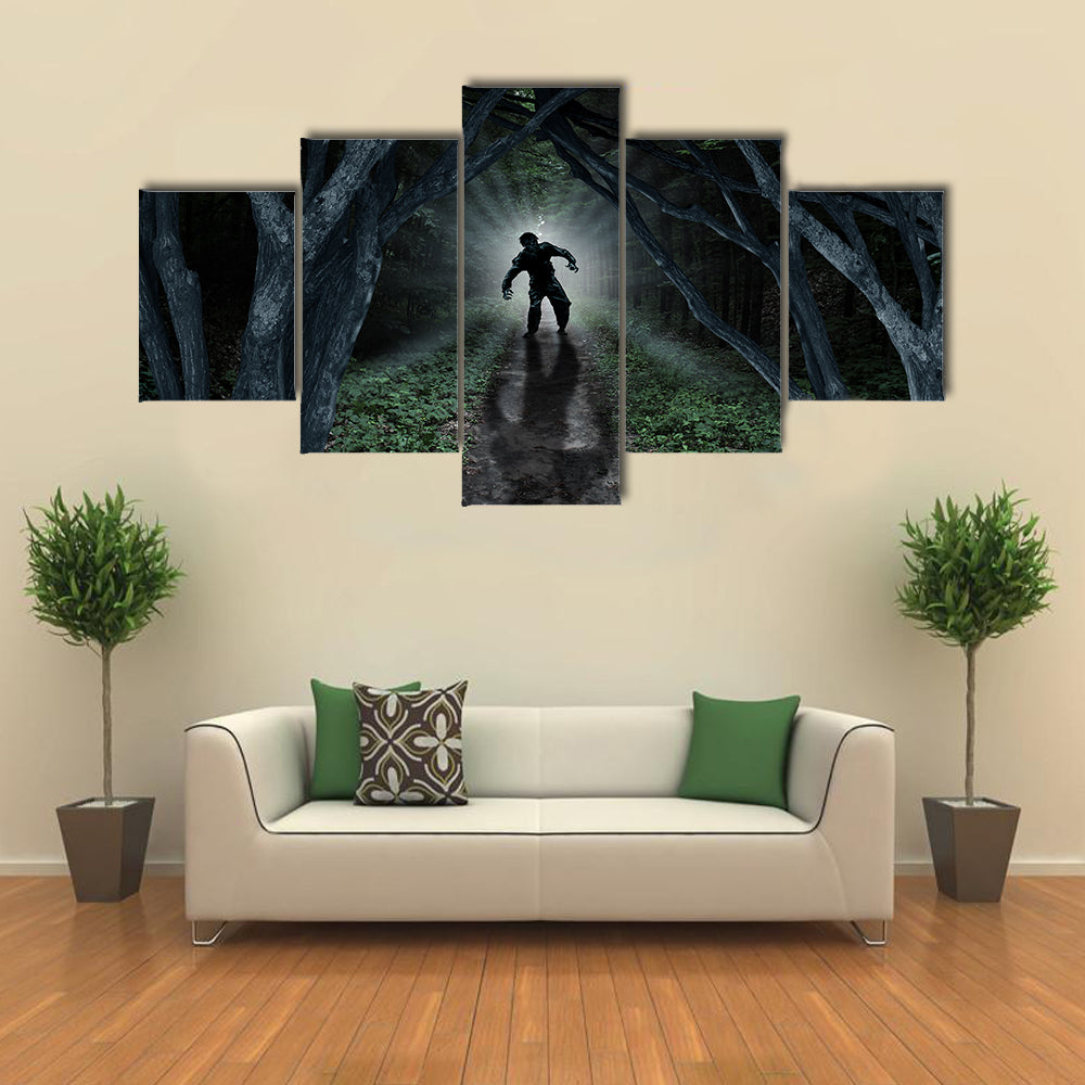 Monster In Creepy Wilderness With The Moon Glow Behind Multi Panel Canvas Wall Art